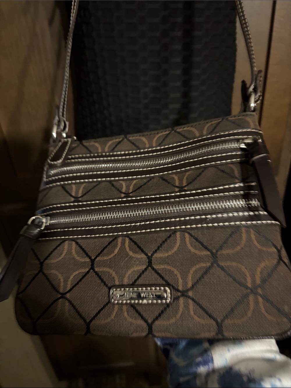 Nine West Brown Patterned Crossbody with Dual Zip Pockets